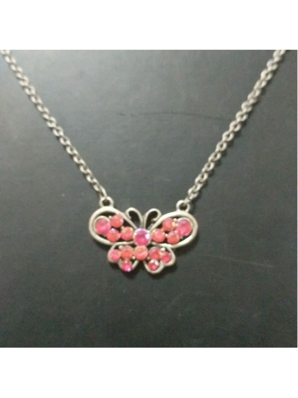 Silver Tone Pink Rhinestone Butterfly Choker Statement Necklace